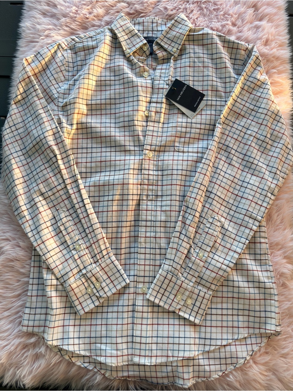 Van Heusen Cream Button-Down Shirt with Blue and Red Windowpane